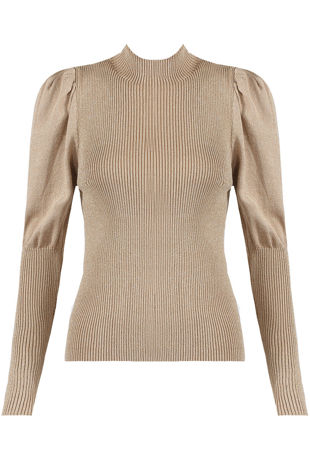 Beige Puffed Sleeves Ribbed Mock Neck Jumper