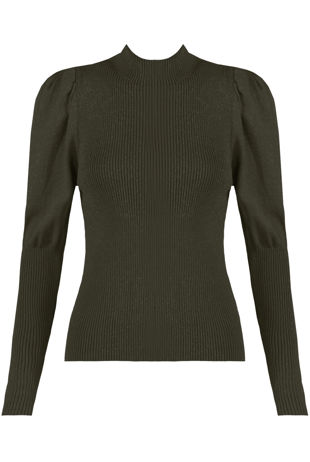 Khaki Puffed Sleeves Ribbed Mock Neck Jumper