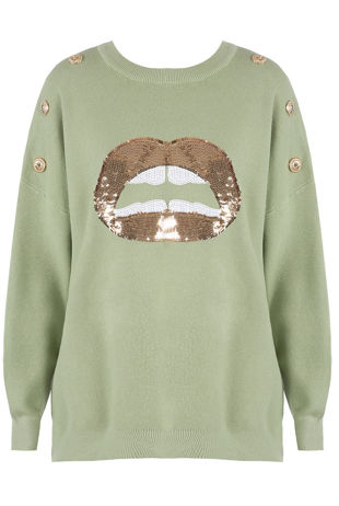 Green Sequin Lip With Golden Button Trim Knitted Jumper