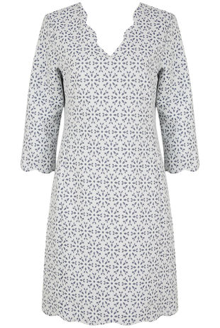 White Scallop Embossed Print Shift Dress