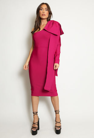 Pink Bow One Shoulder Bandage Dress 