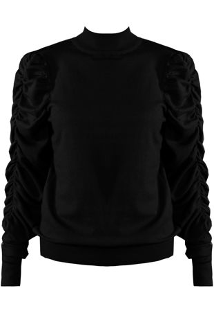 Black Ruched Sleeves Mock Neck Jumper