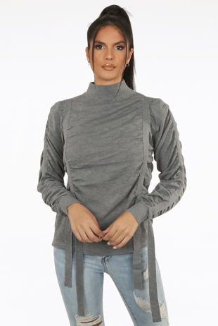 Straps Trim Mock Neck Jumper in Grey