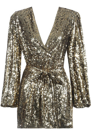 Long Sleeve Sequin Wrap Front Mini Dress in Gold