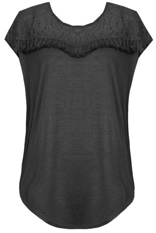 Black Floral Lace Fringed Short Sleeve Tops