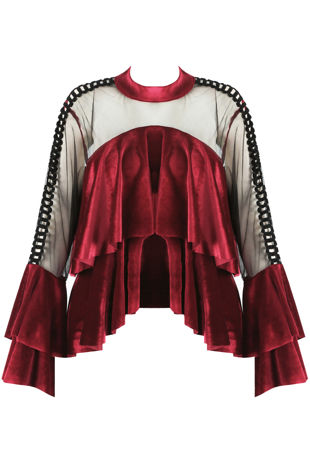 Wine Double Frill Velvet Top