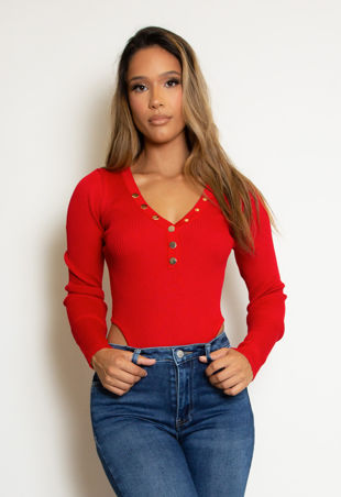 Red Ribbed Button Front Long Sleeve Bodysuit