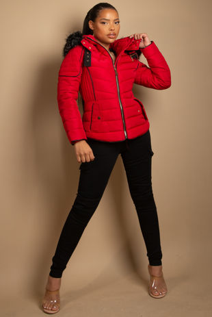 Red Faur Fur Hood Puffer Jacket