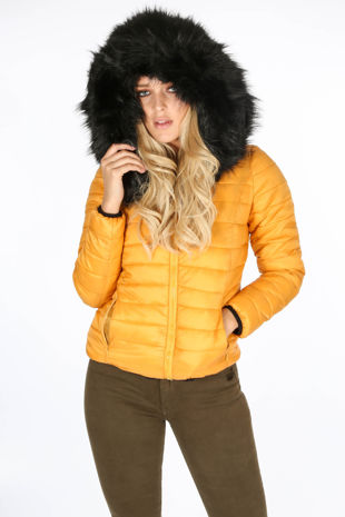 Mustard Reversable Puffer Faux Fur Jacket