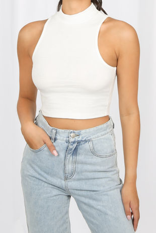 Basic White Jersey High Neck Crop Top
