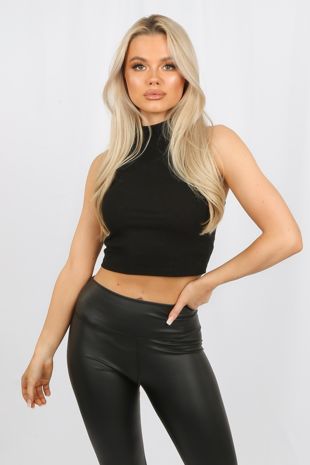 Black Jersey High Neck Crop Top
