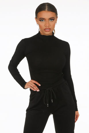 Black Ribbed High Neck Top