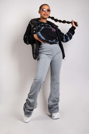 Grey Ruched Bottom High Waist Ribbed Trousers