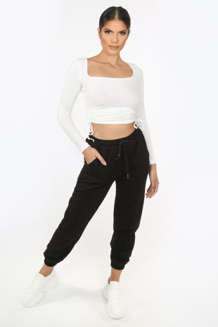 White Jersey Ruched Long Sleeve Top
