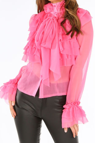 Fuchsia Frilled Sheer Chiffon Pussy Bow Blouse