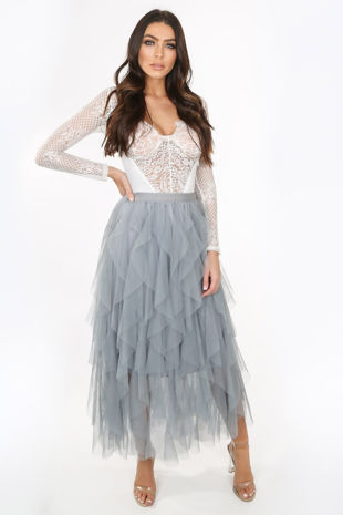 Grey Tulle Wavy Maxi Skirt