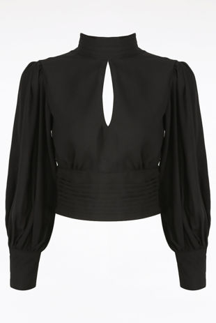 Black Pleated Neck Cut Out Back Blouse