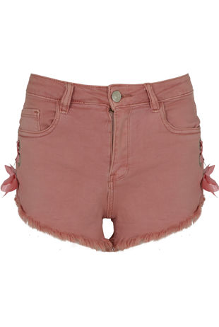 Rose Denim Frayed Lace Trim Shorts 