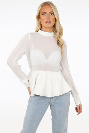 White PU Peplum Sheer Blouse