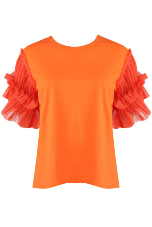 Orange Pleated Mesh Sleeve Round Neck Blouse