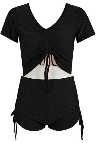 Black Textured Gathered Crop Top & Shorts Co-Ord