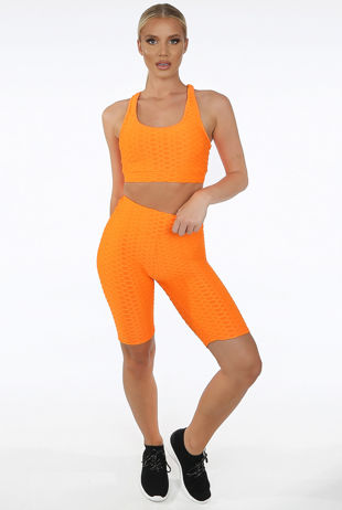 Coral Textured Muscle Back Crop Top & Ruched Back Cycling Shorts