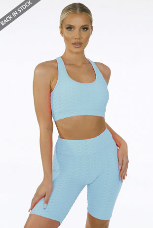 Sky Blue Textured Muscle Back Crop Top & Ruched Back Cycling Shorts