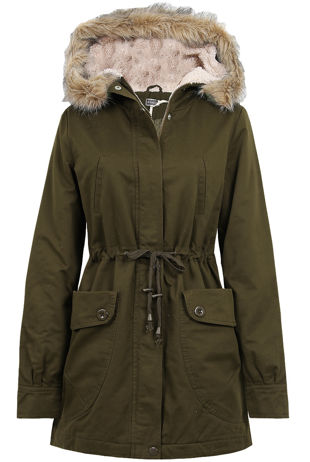 Khaki Fur Hooded Parka With Faux Sheep Skin Lining