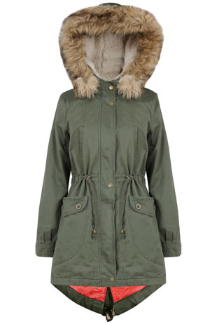 Khaki High Low Fur Hood Parka