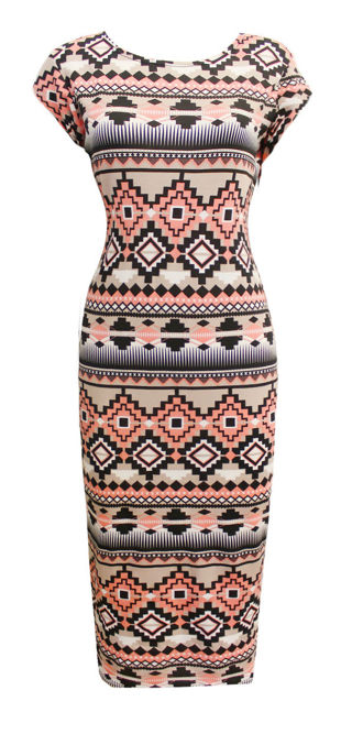 Soft Aztec Print Short Sleeved Stretch Midi Dress