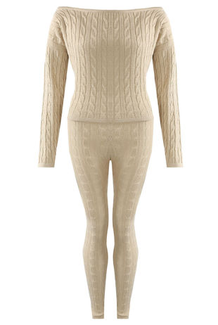 Beige Cable Knit Off The Shoulder Jumper & Legging Co-Ord