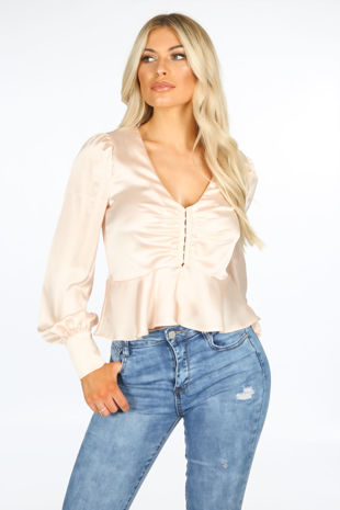 Cream Clasp Front Satin Peplum Blouse