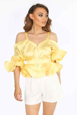 Yellow Satin Cold Shoulder Peplum Top