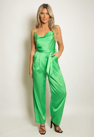 Green Satin Cowl Neck Belted Jumpsuit