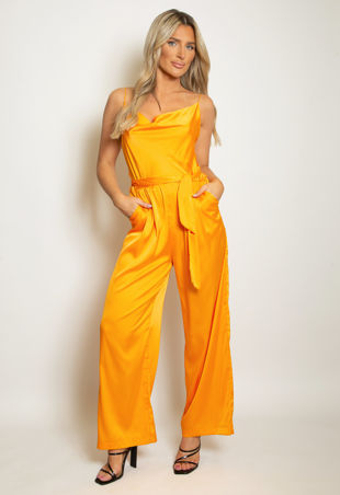 Orange Satin Cowl Neck Belted Jumpsuit