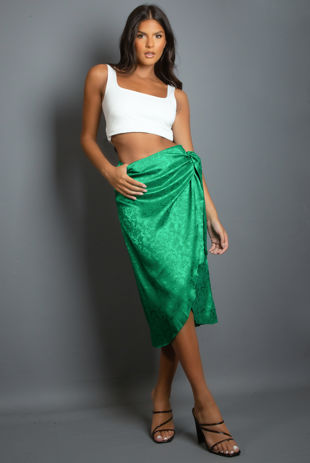 Green Satin Embossed Wrap Midi Skirt 