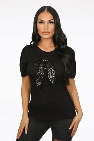 Black Sequin Bow Trim Tee