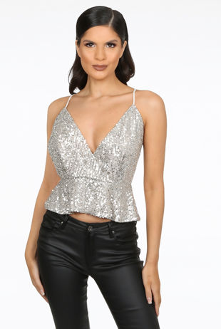 Strappy Sequin Peplum Cami Top In Silver