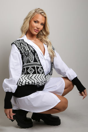 Shirt Dress With Black Aztec Print Sleeveless Cardigan 