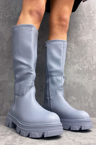 Blue Chunky Sole Side Zip Wellie Boots