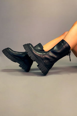 Black Chunky Sole Side Zip Ankle Biker Boots