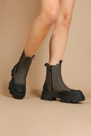 Khaki Chunky Sole High Ankle Boots