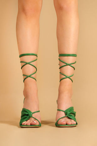 Green Lacey Square Toe Strappy Lace Up Heels