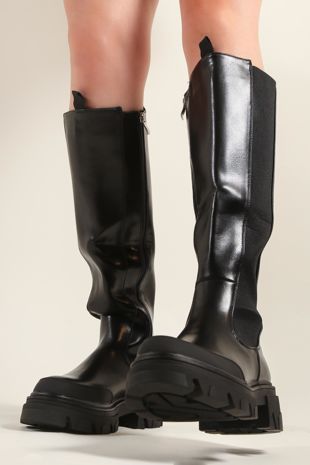 Black PU Chunky Sole Knee Length Wellie Boots