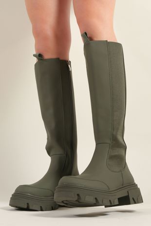 Khaki PU Chunky Sole Knee Length Wellie Boots