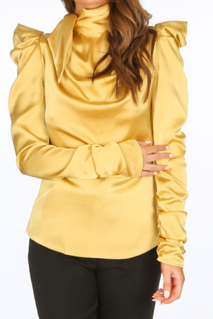 Mustard Satin Structured Blouse With Neck Tie