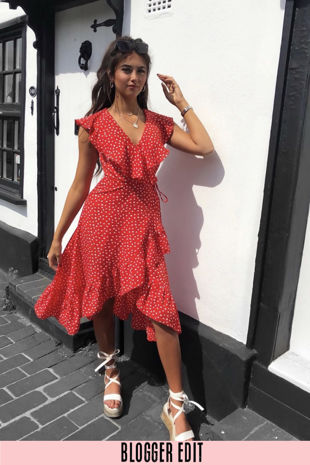 Sleeveless Midi Wrap Dress in Red Polka Dot
