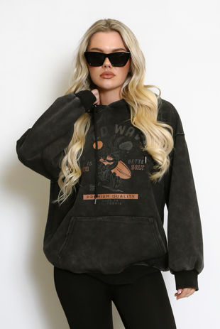 Grey Wave Print Acid Wash Hoodie