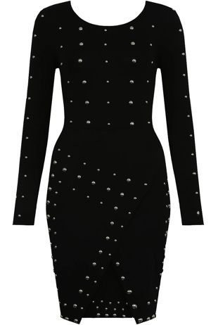Black Silver Pearls Trim Crossover Hem Dress