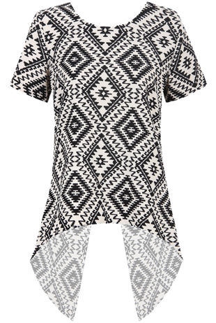 Monochrome Aztec Print Back Cut Out High Low Tops